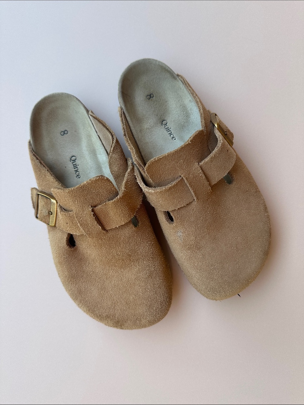 Quince Suede Mule Clogs in Tan with Brass Buckle